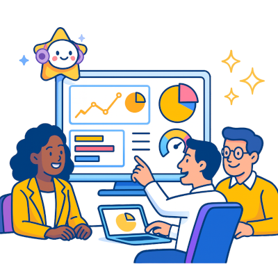 Illustration of a sales team reviewing dashboards with charts and metrics under an AI-driven control tower.