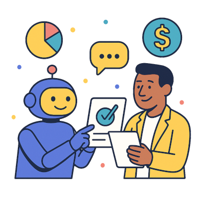 Illustration showing an AI assistant creating a custom sales playbook with a smiling salesperson at a laptop.