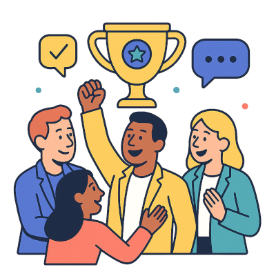 Illustration of an AI collaborating with salespeople during a friendly onboarding session.